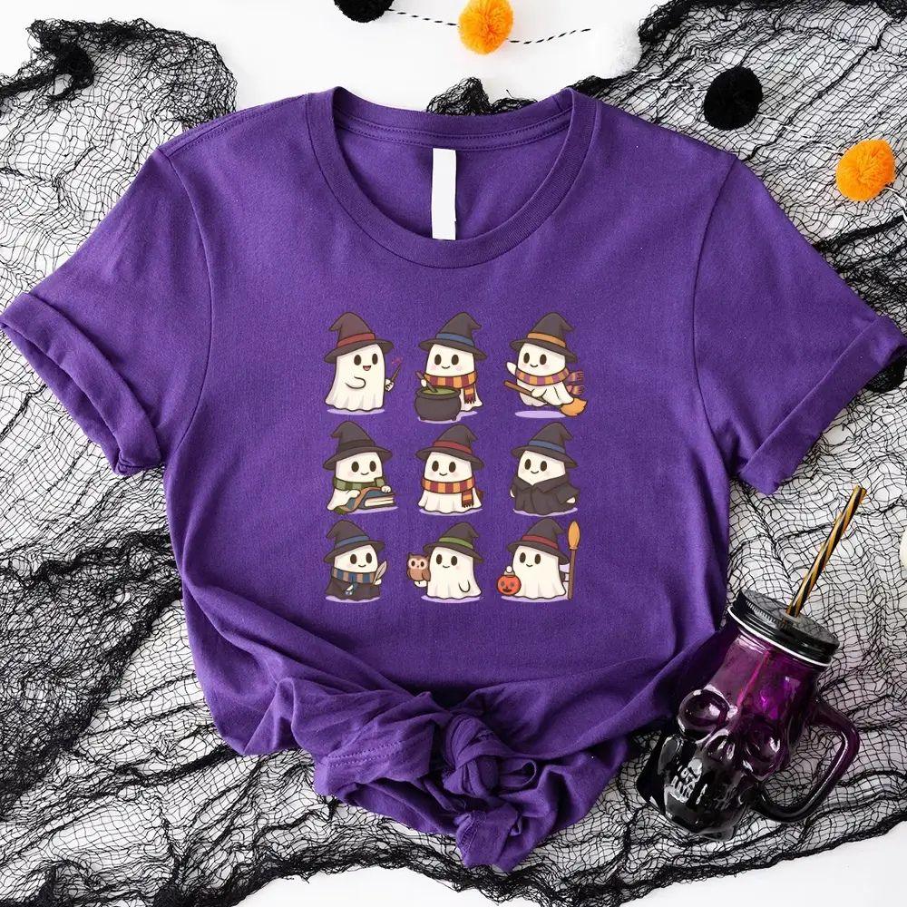 Purple Halloween witch ghost T-shirt with cute cartoon ghosts in hats, short sleeves