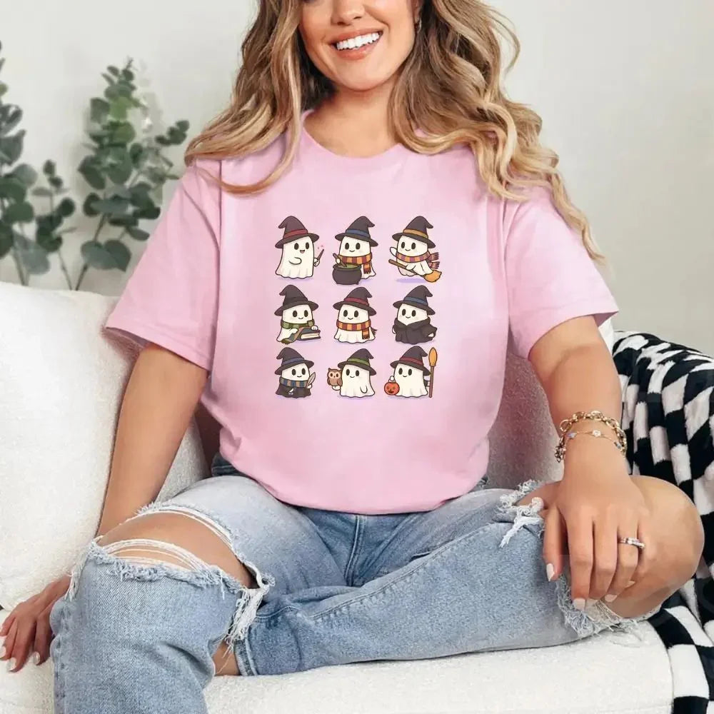 Pink Halloween witch ghost T-shirt with cute cartoon ghosts in witch hats, crew neck
