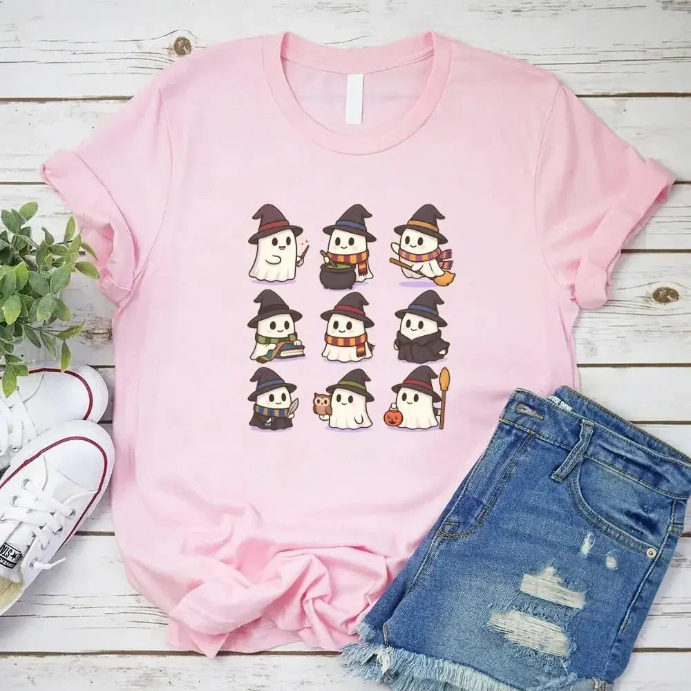 Pink Halloween witch ghost T-shirt with cute cartoon ghosts in hats, crew neck