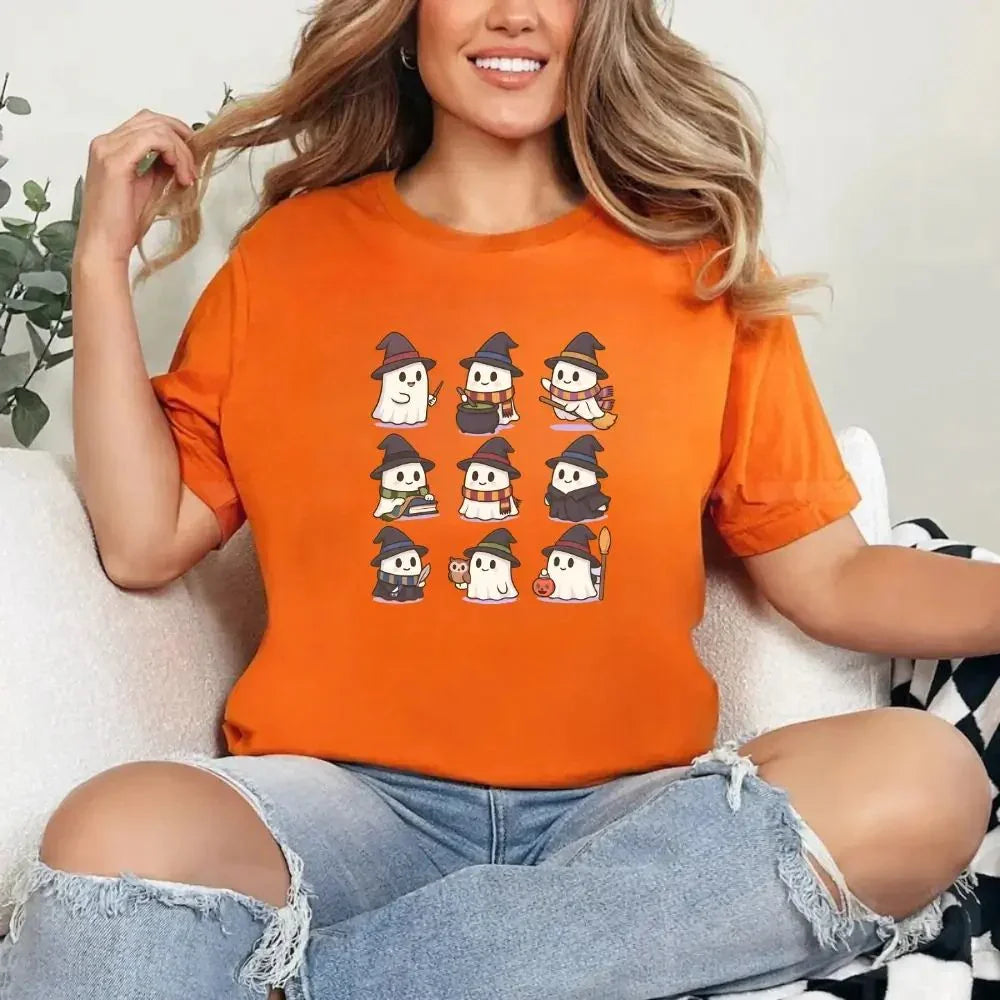 Orange Halloween witch ghost T-shirt with cute cartoon ghosts in hats, crew neck