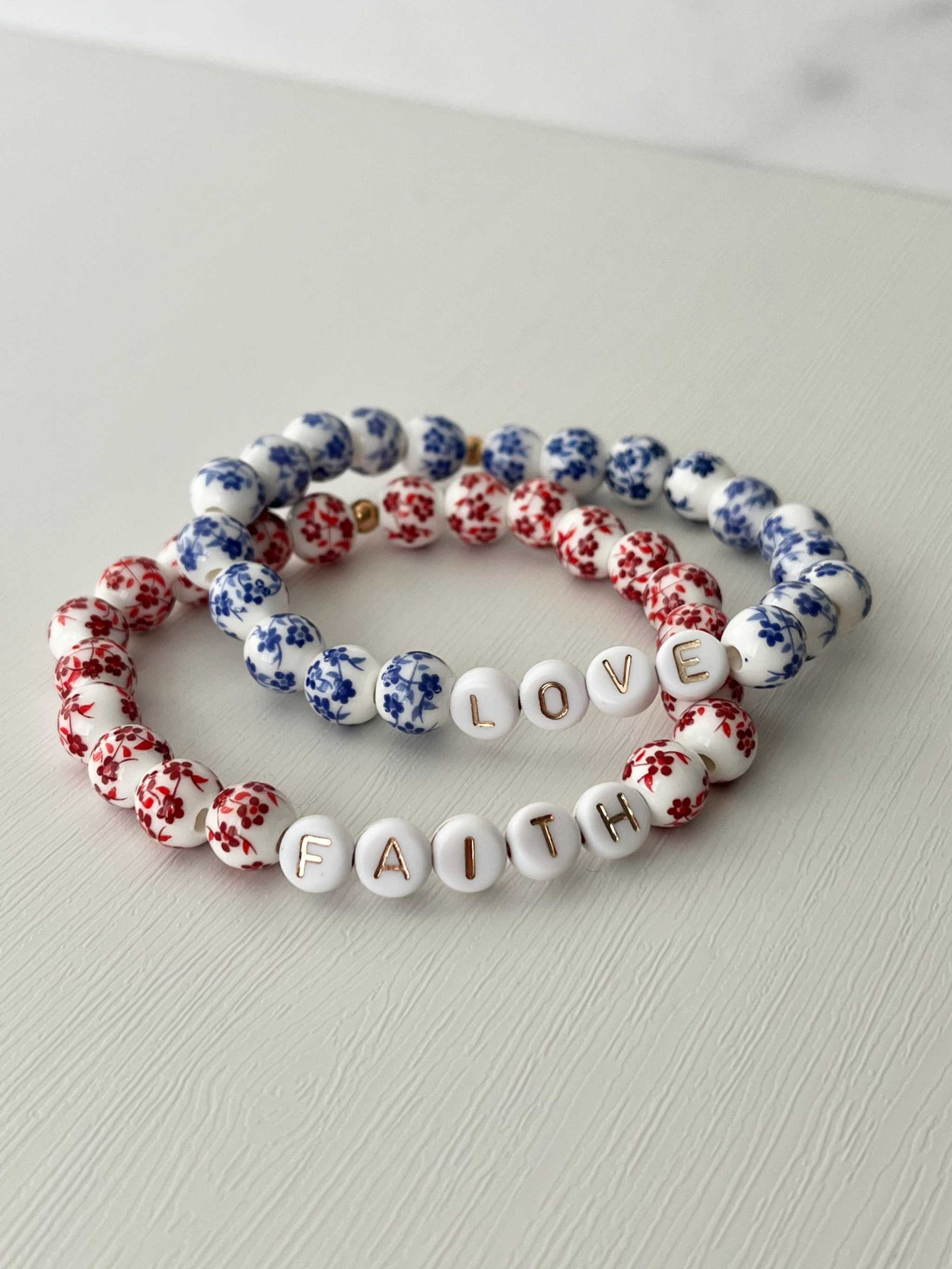 Floral bead bracelet set with ceramic letter beads: LOVE and FAITH
