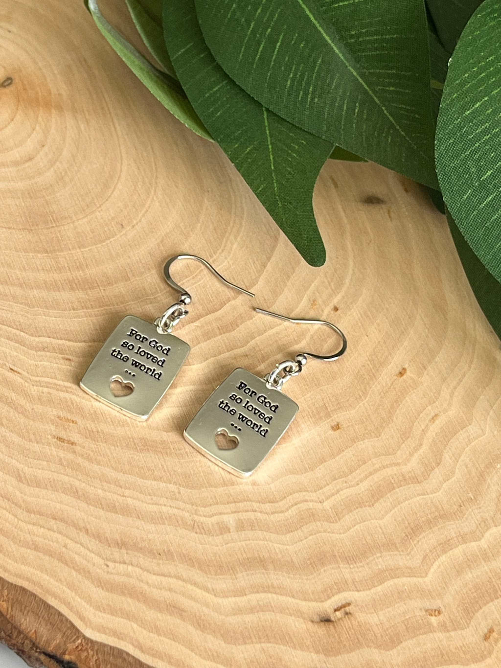 Silver dangle earrings with square quote tags, heart cutout, 'For God so loved the world'
