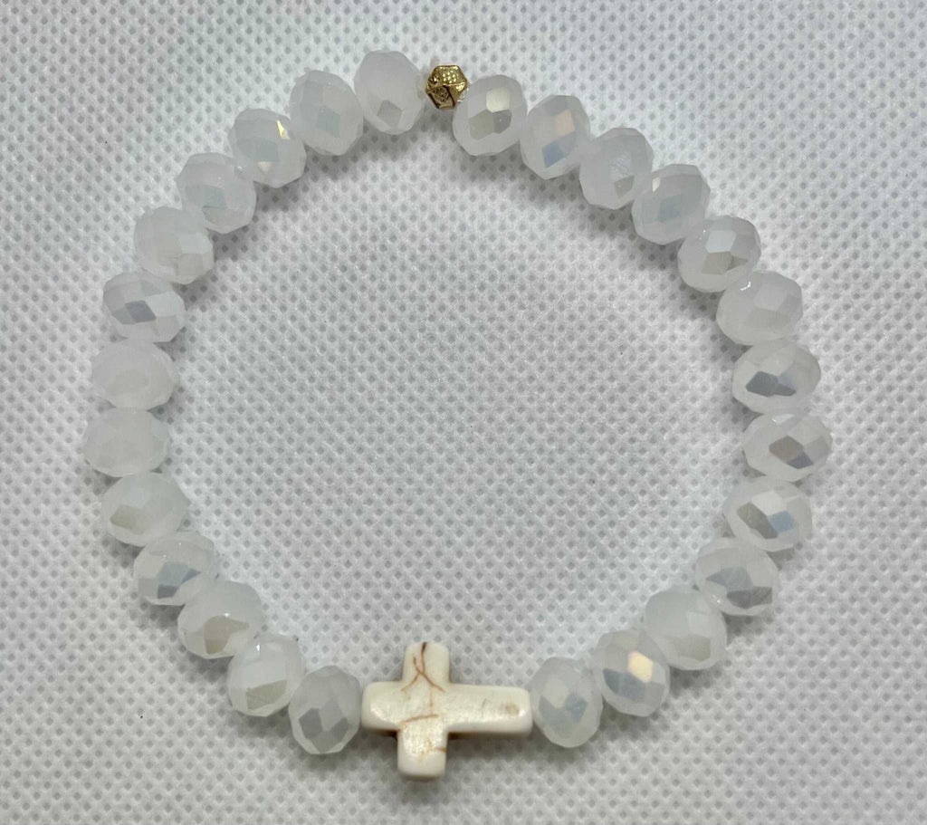 White faceted bead cross bracelet with white cross charm