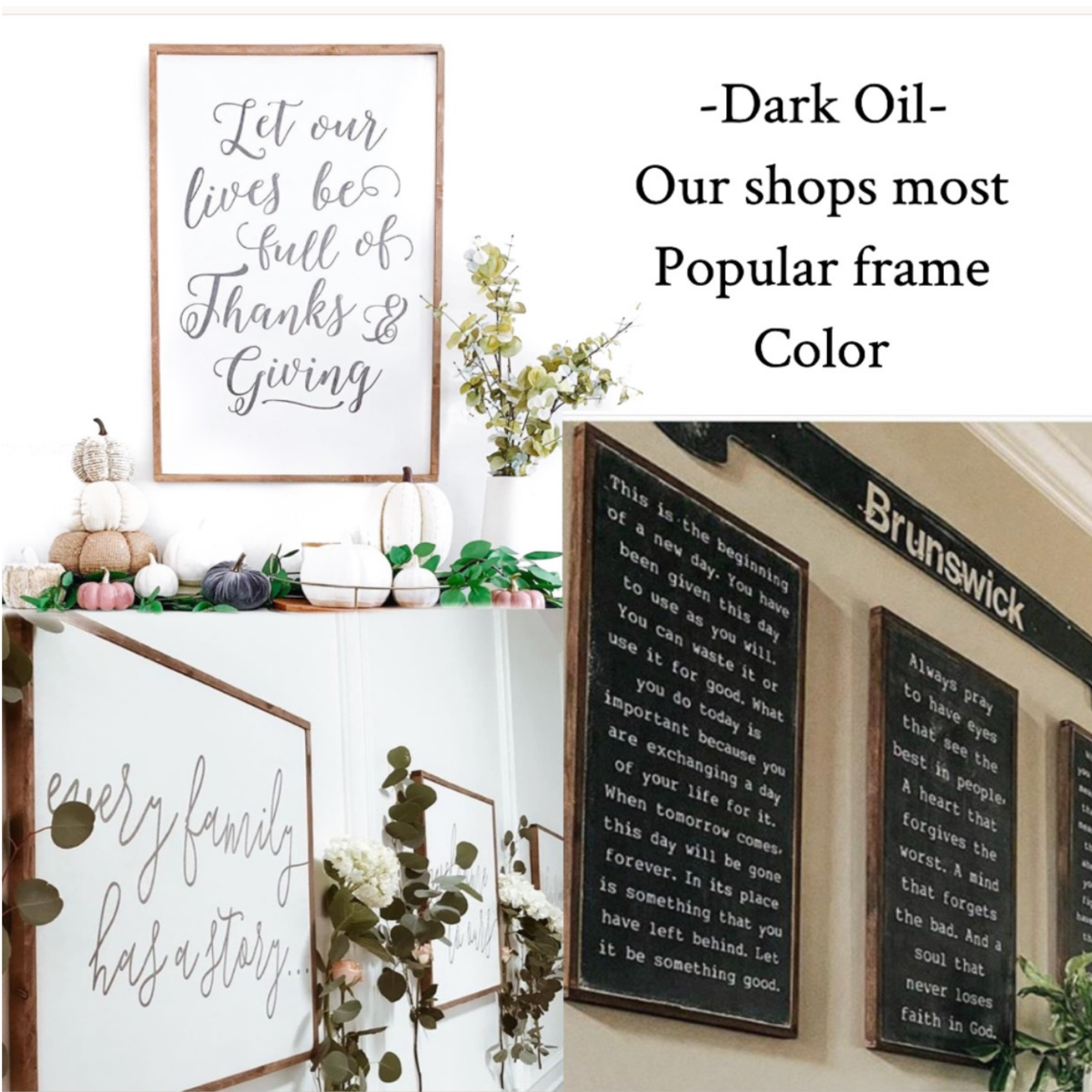 Framed wood sign with light frame and cursive quote text