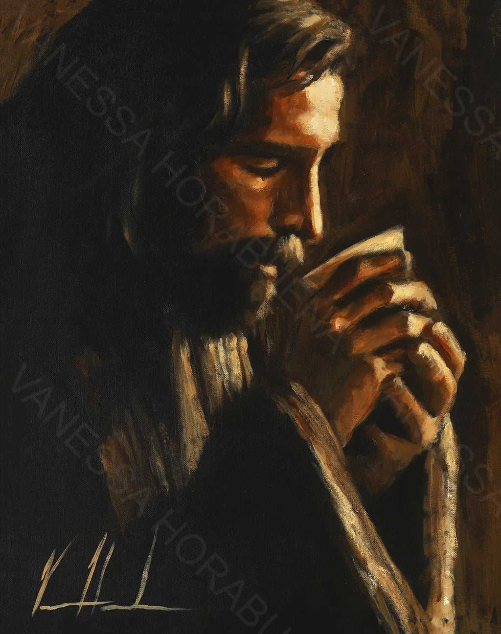 Portrait artwork print detail: man drinking from a cup, dark shadows and warm highlights