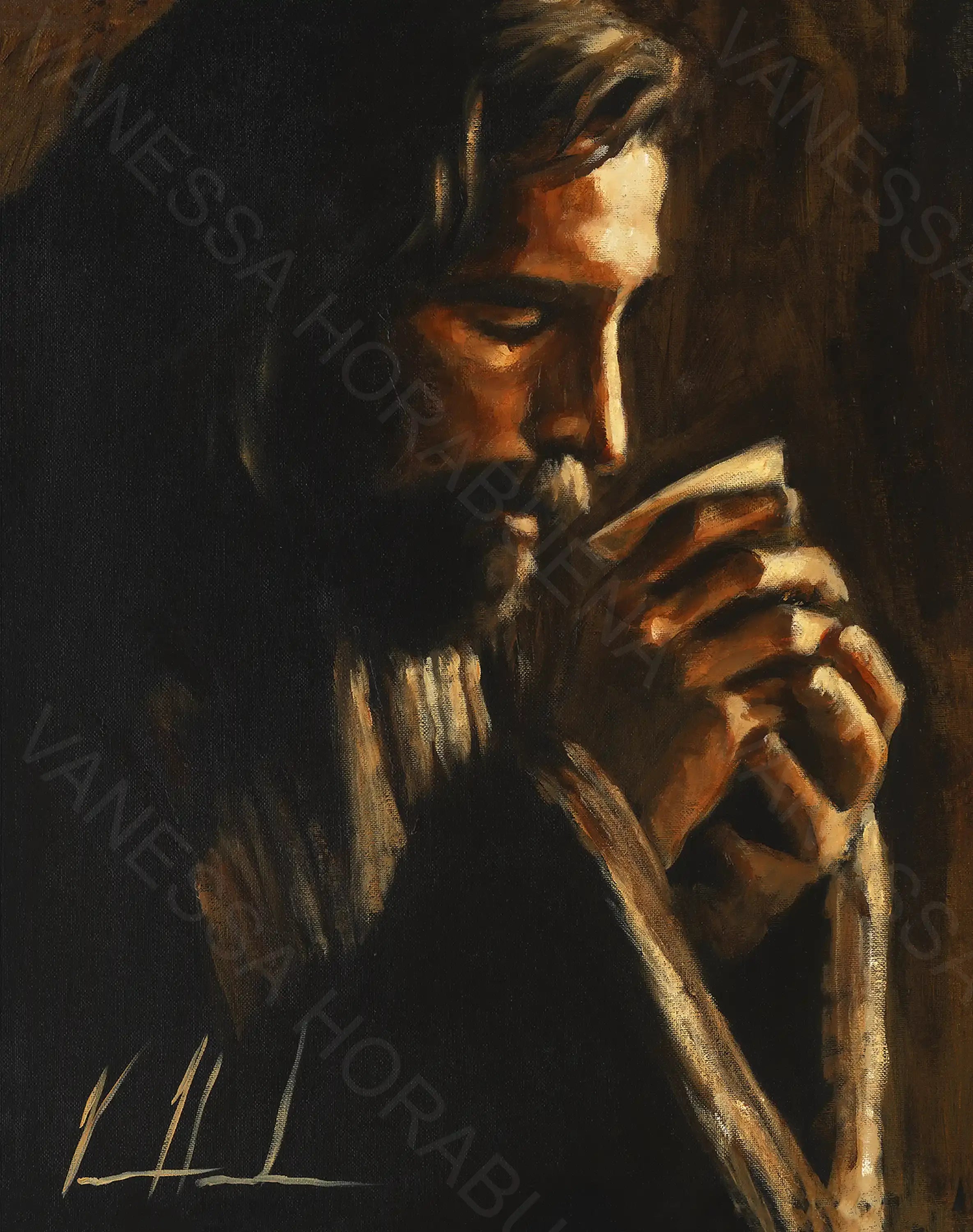 Portrait artwork print detail: man drinking from a cup, dark shadows and warm highlights