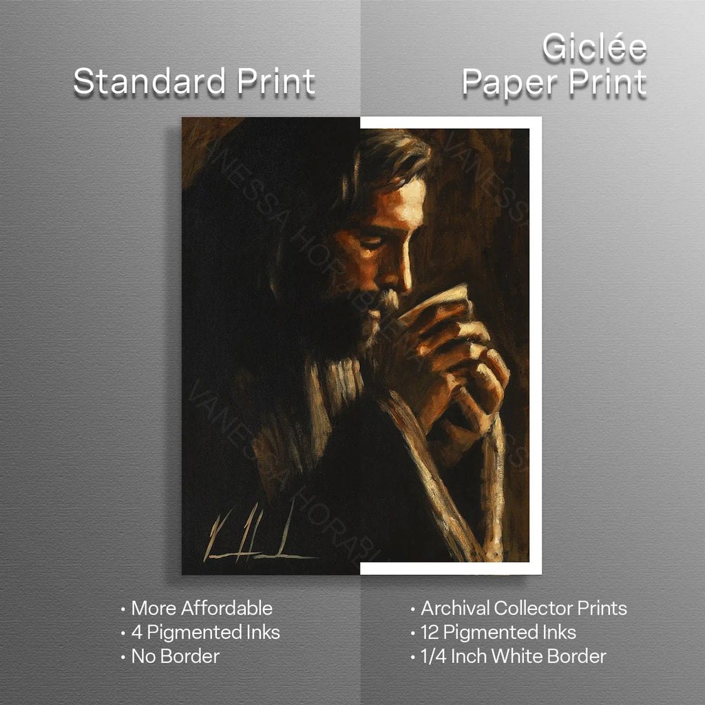 Portrait artwork print with white border, man holding a cup in dark warm tones