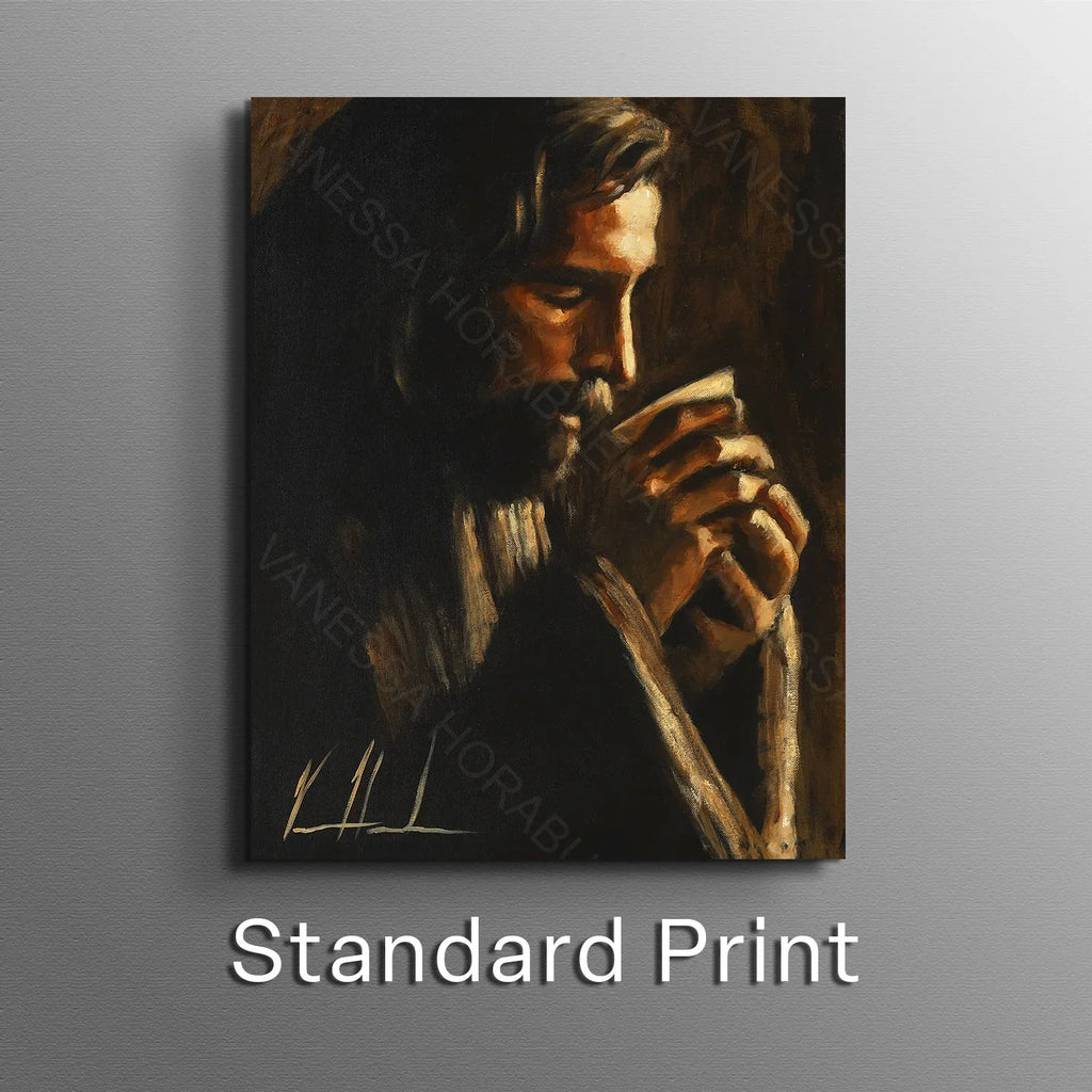 Portrait artwork print of a man holding a cup, dark tones with warm highlights