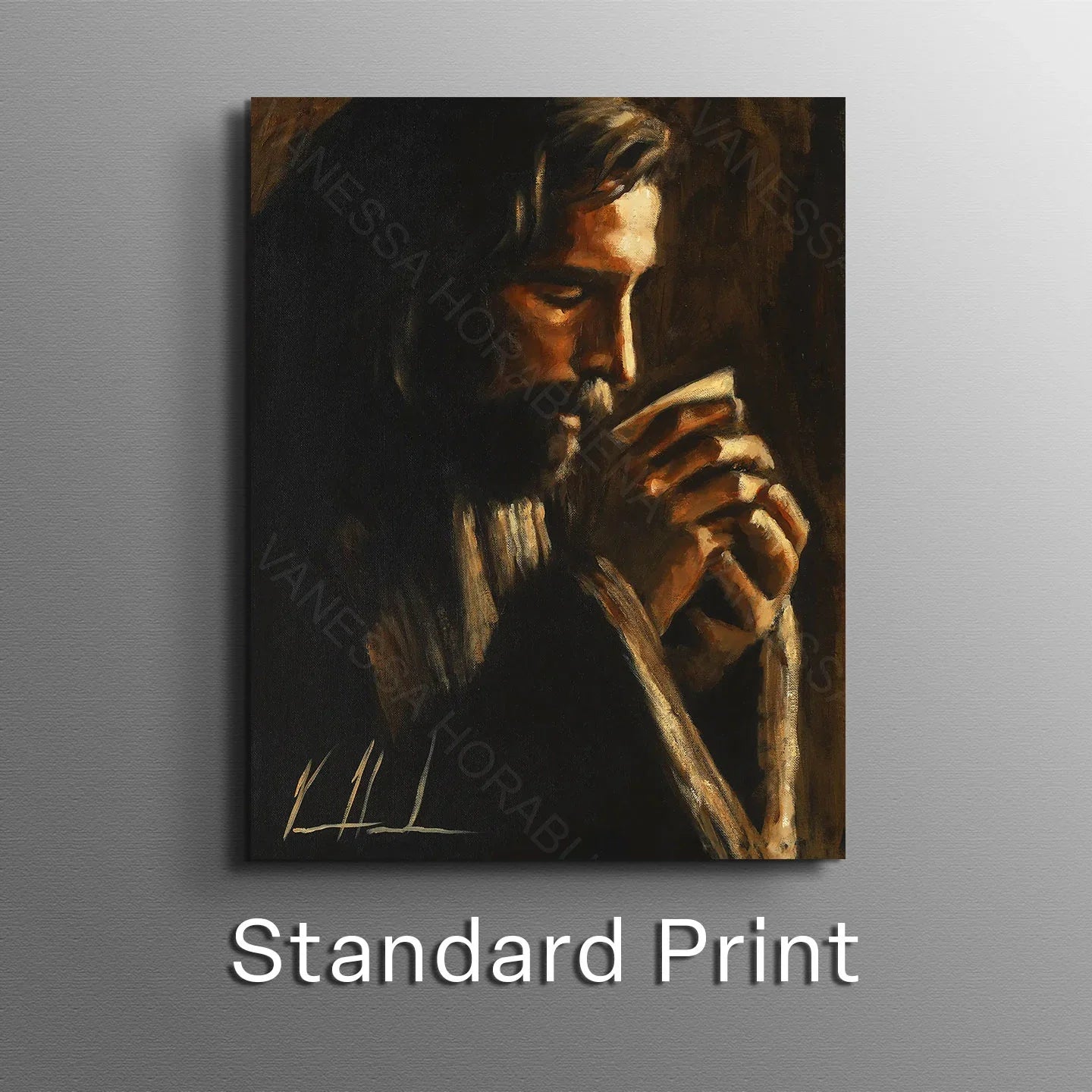 Portrait artwork print of a man holding a cup, dark tones with warm highlights