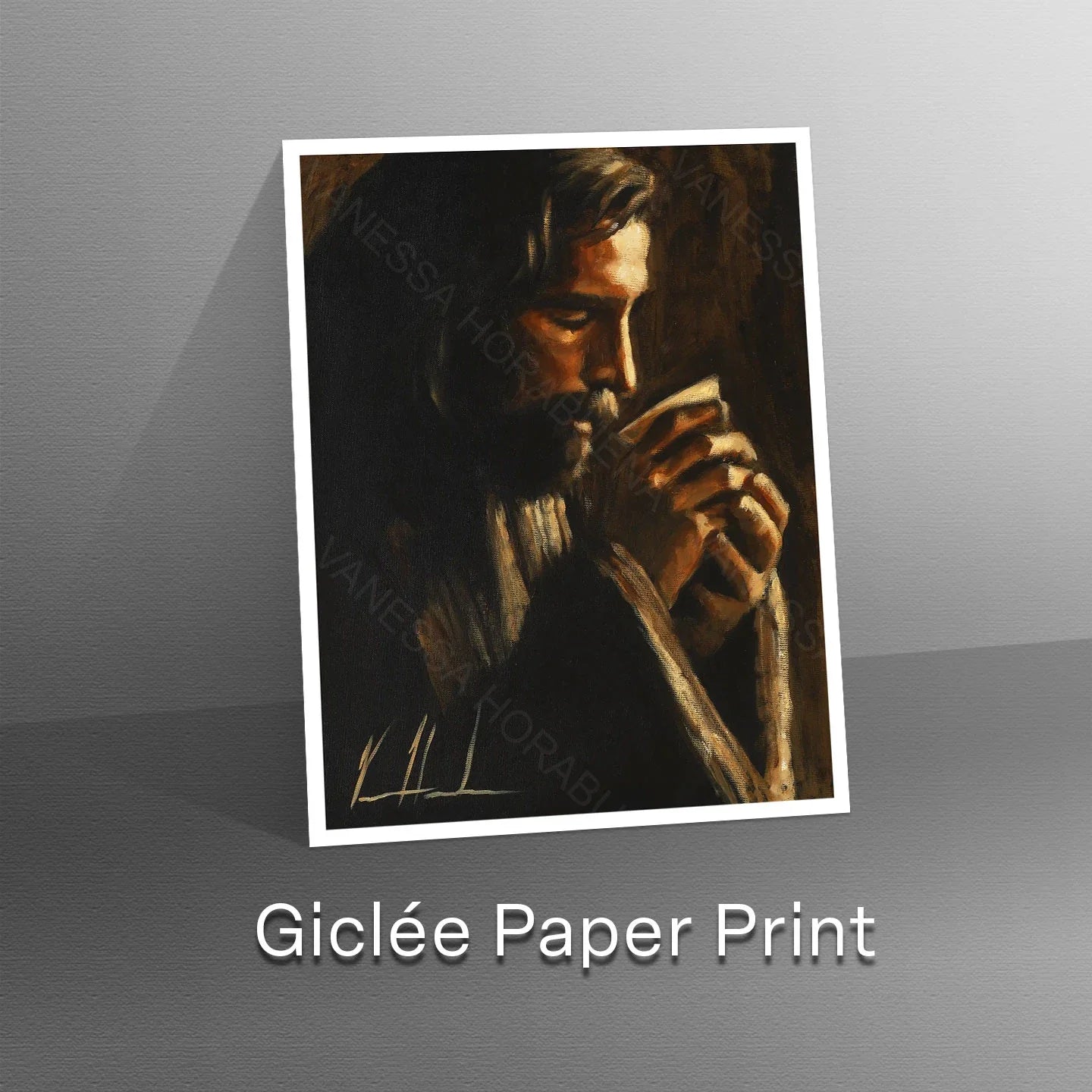 Portrait artwork print of a man holding a cup, dark and warm golden light