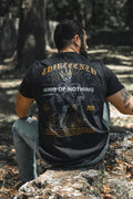 Black premium graphic tee with large back print in gold and white text