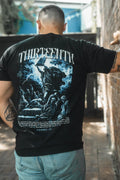 Black premium T-shirt with large blue back graphic and THIRTEENTH text
