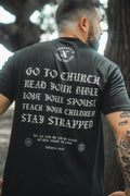 Black T-shirt with large back graphic text: Go to Church, Read Bible, Stay Strapped.