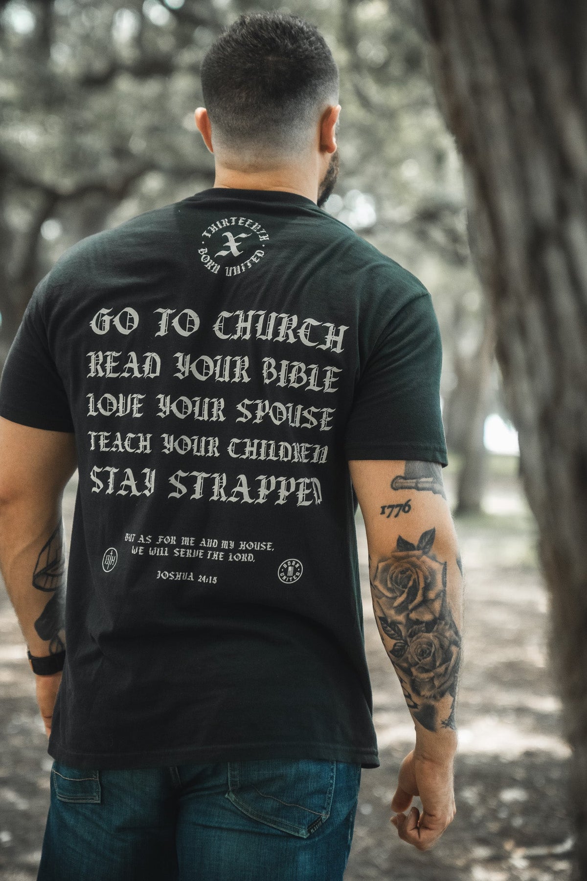 Black T-shirt back view with 'Go to Church' lettering and circular emblem details.