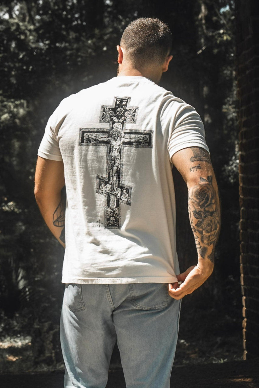 White premium tee with large back cross graphic print