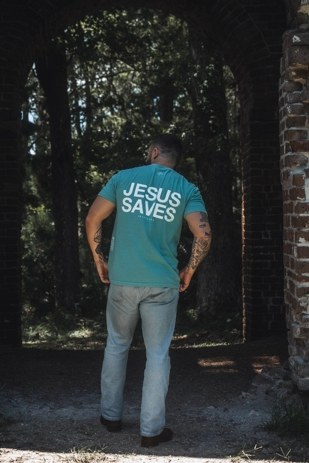 Seafoam premium T-shirt with back print reading JESUS SAVES and crew neck