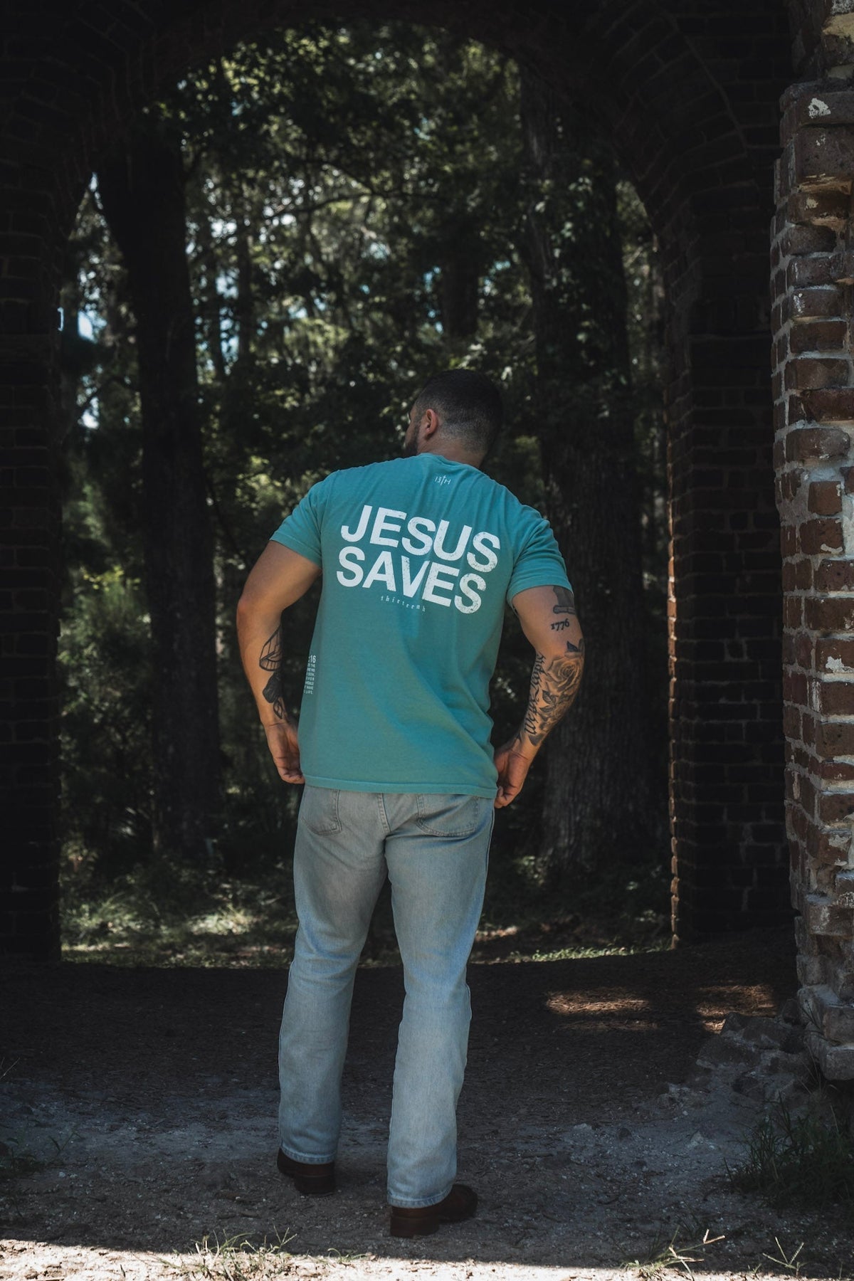 Seafoam premium T-shirt with back print reading JESUS SAVES and crew neck