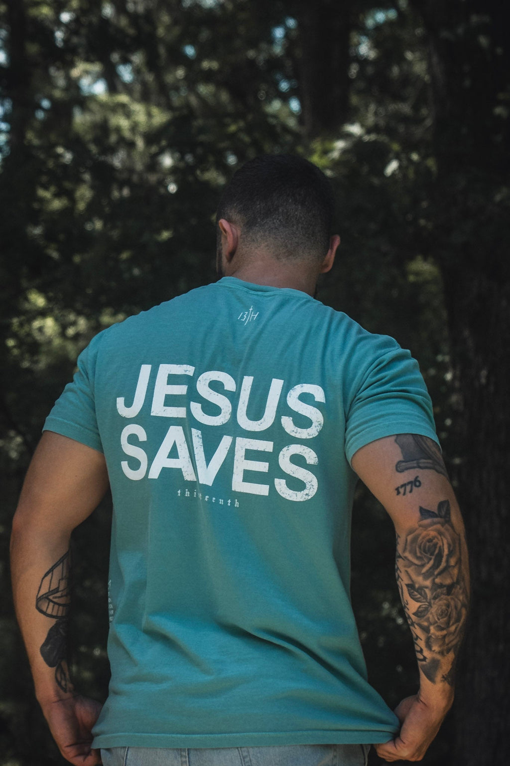 Seafoam premium T-shirt with large back print reading JESUS SAVES