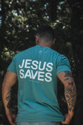 Seafoam premium T-shirt with large back print reading JESUS SAVES