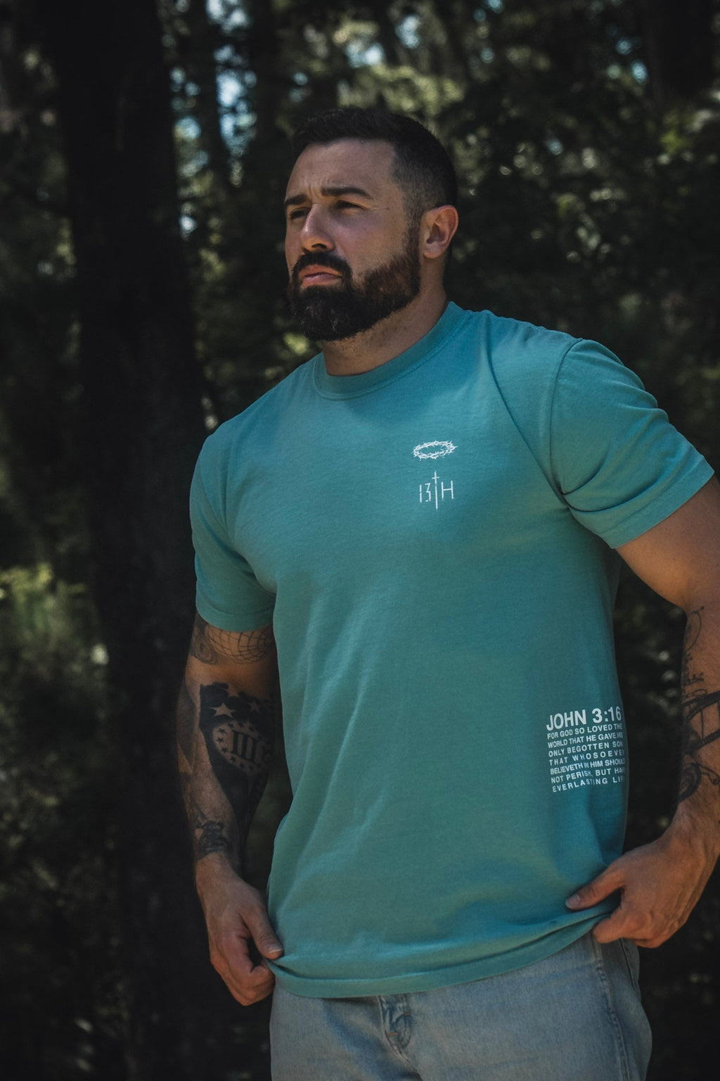 Seafoam premium T-shirt with small chest graphic and vertical scripture text