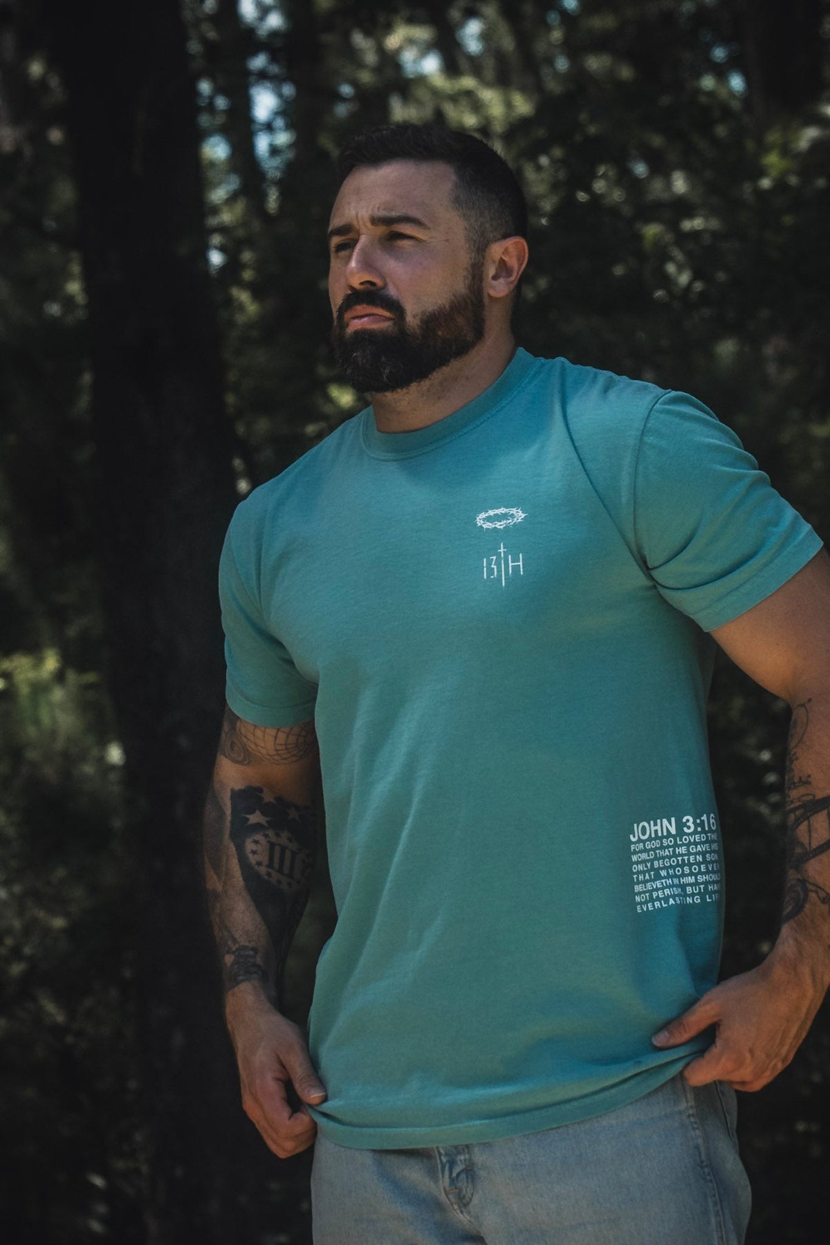 Seafoam premium T-shirt with small chest graphic and vertical scripture text