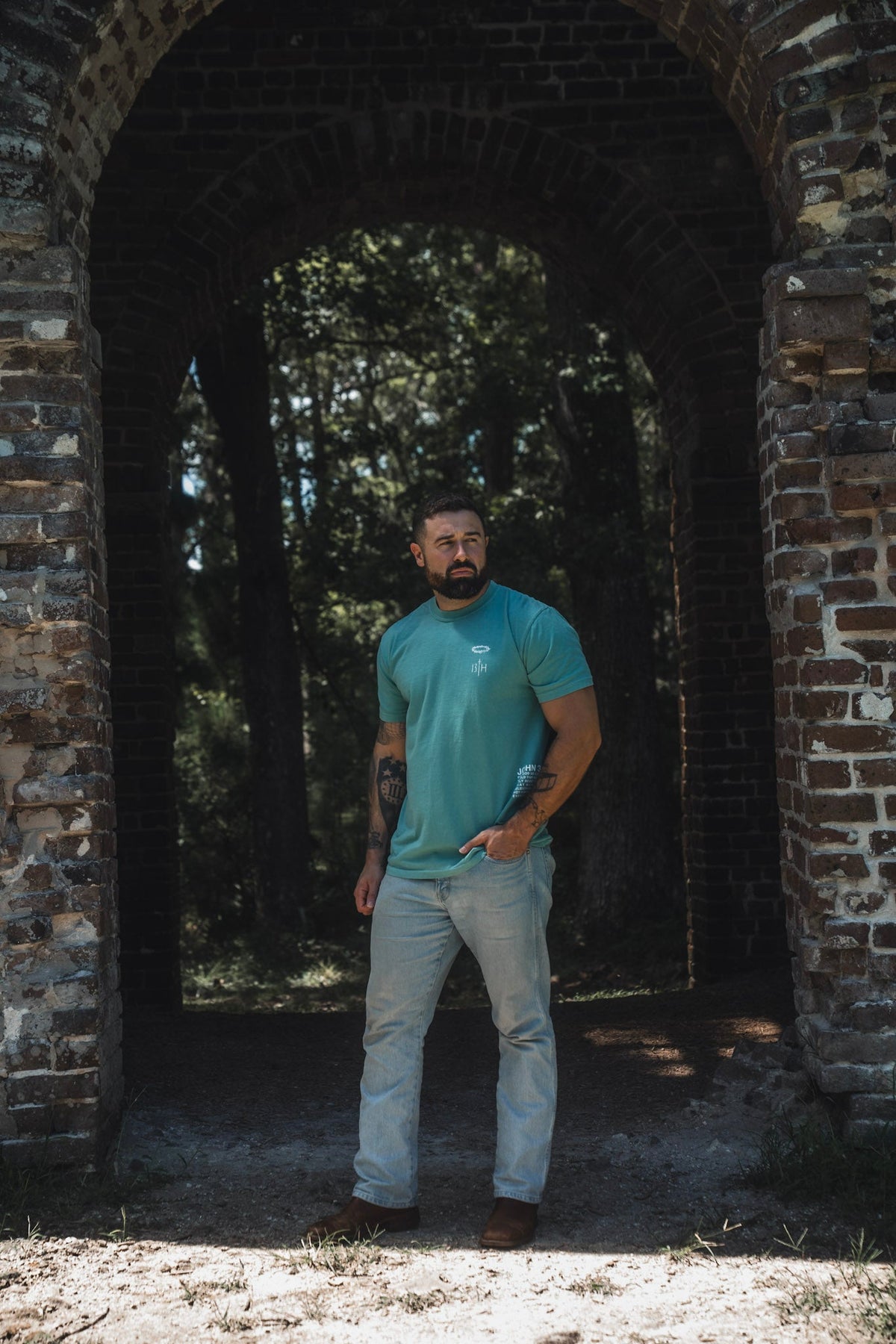 Seafoam premium T-shirt with front chest graphic and vertical scripture print