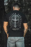 Black premium tee with large back skull cross graphic and circular text