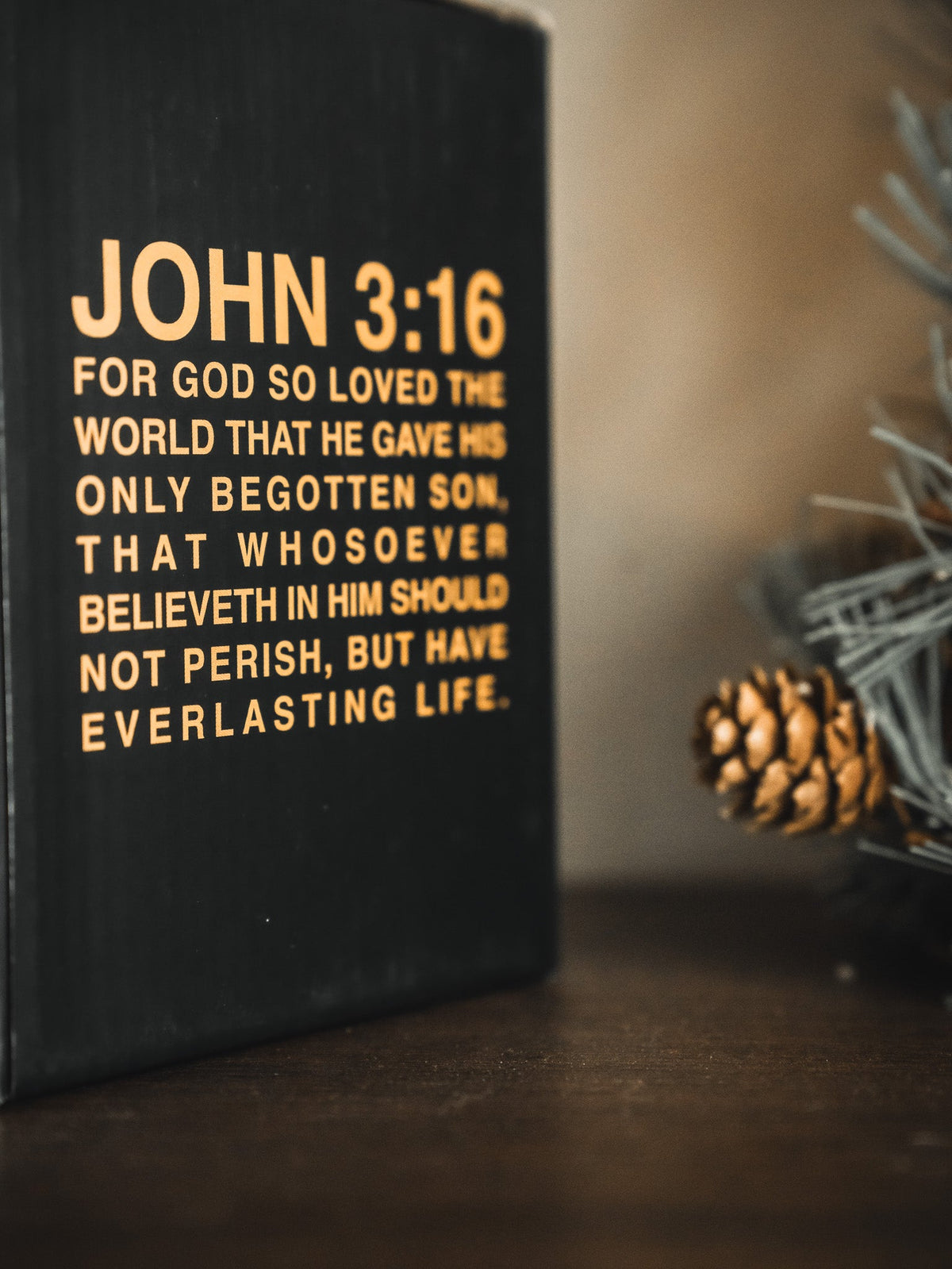 Black gift box panel with yellow 'JOHN 3:16' quote and scripture text