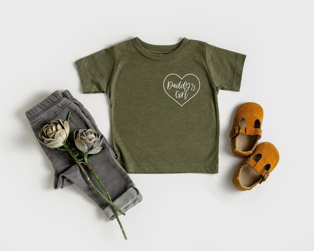Olive green toddler T-shirt with white 'Daddy's Girl' heart logo