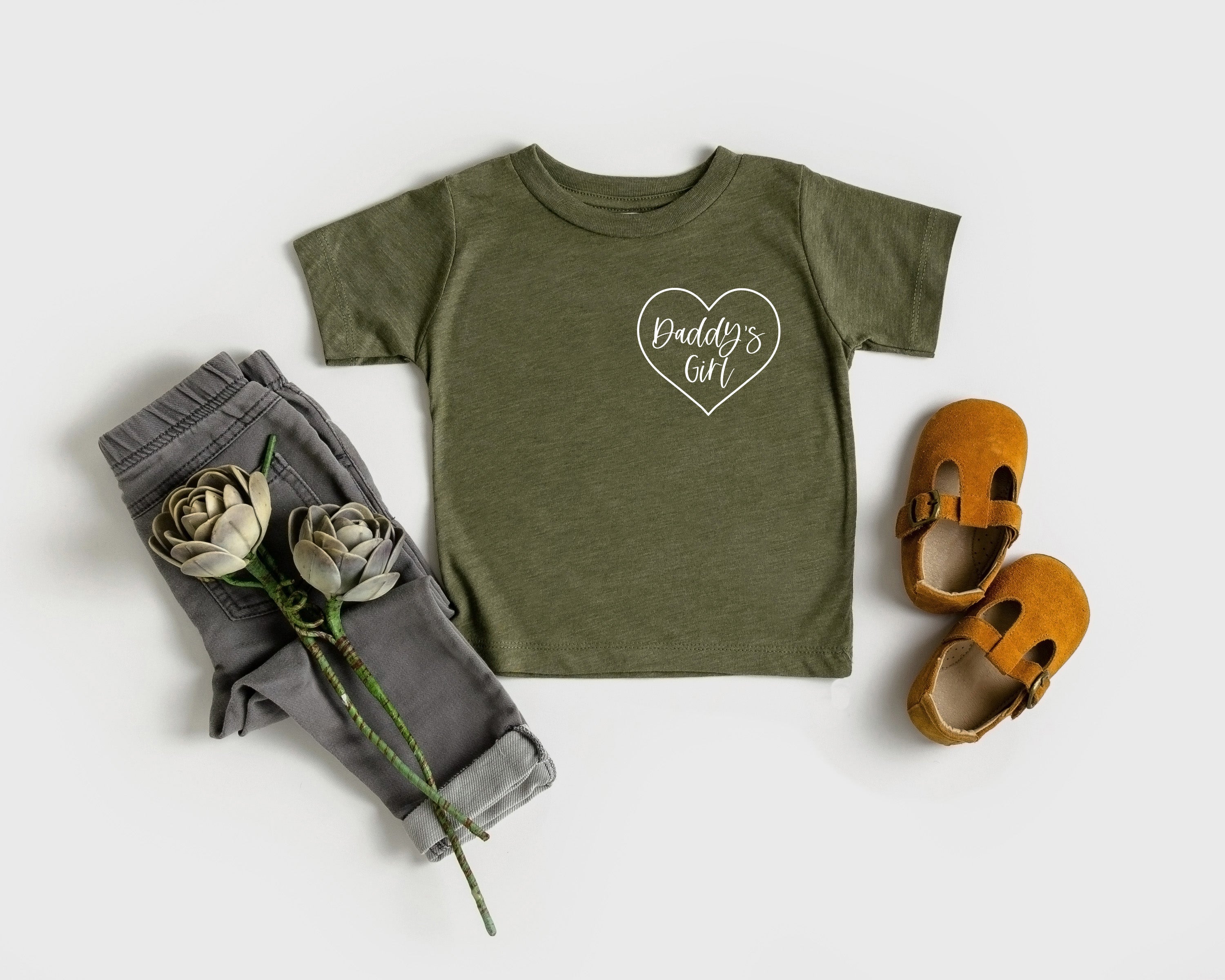 Olive green toddler T-shirt with white 'Daddy's Girl' heart logo
