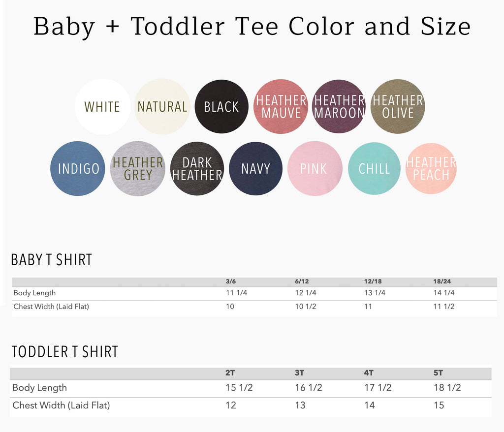 Baby and toddler T-shirt color and size chart with size ranges