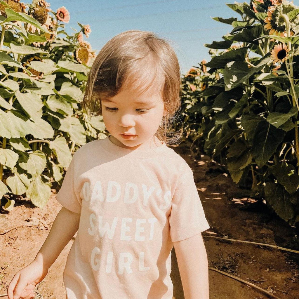 Baby and toddler T-shirt, light pink with stacked “DADDY’S SWEET GIRL” lettering