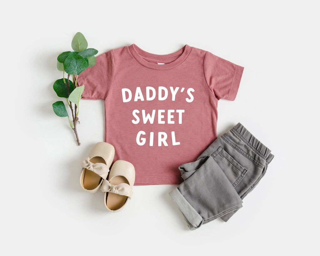 Baby and toddler T-shirt, mauve pink with “DADDY’S SWEET GIRL” white lettering