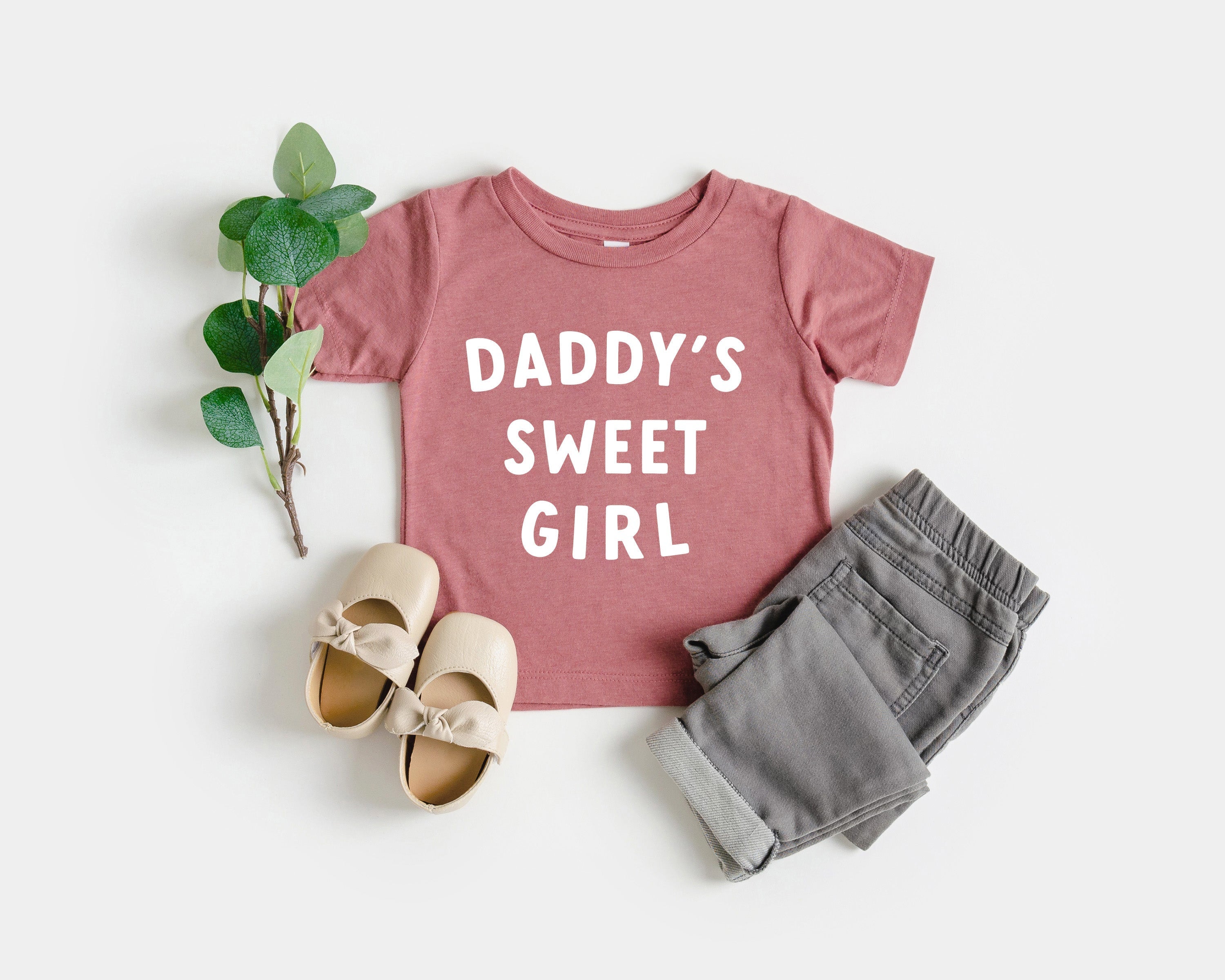 Baby and toddler T-shirt, mauve pink with “DADDY’S SWEET GIRL” white lettering
