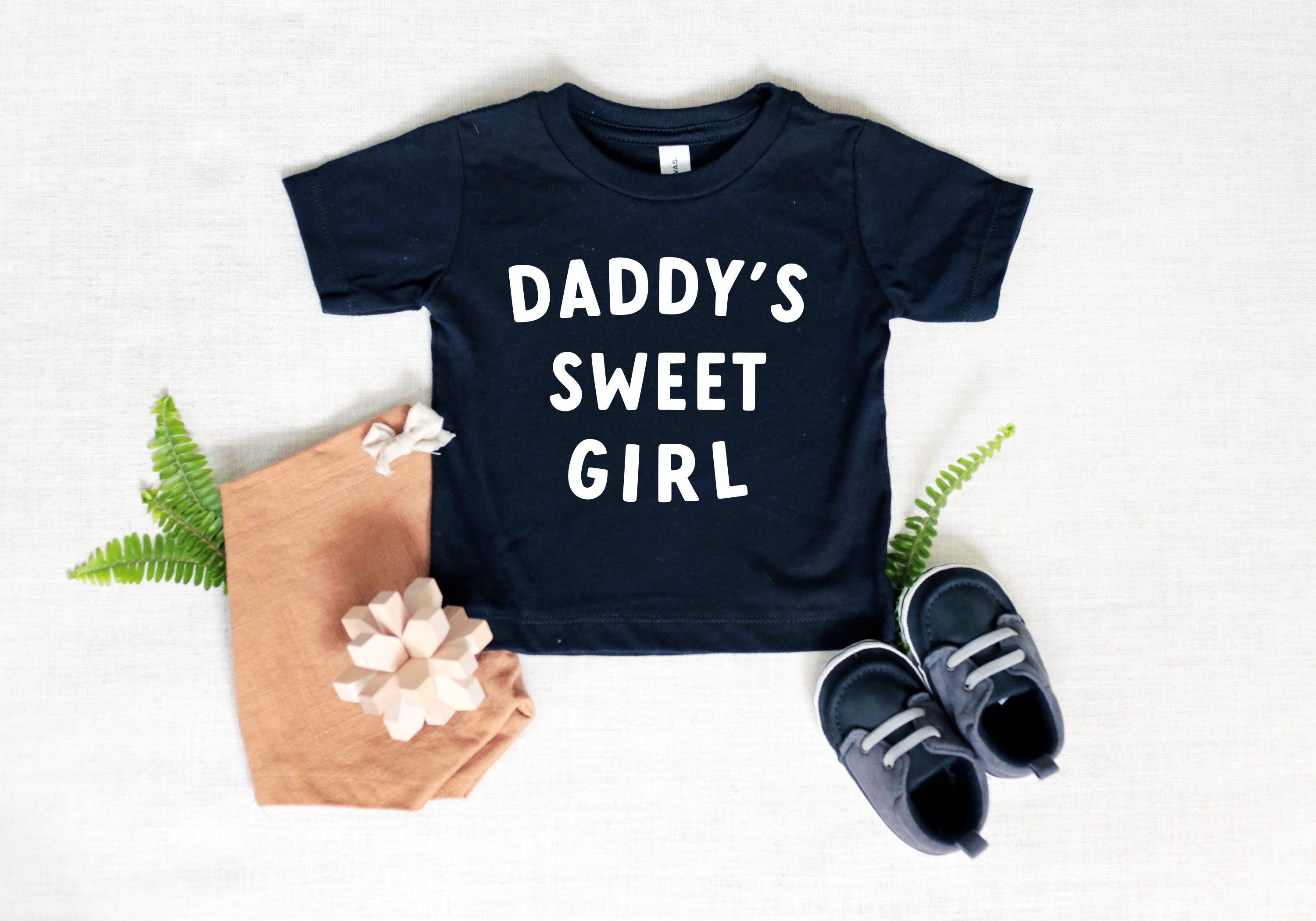 Baby and toddler T-shirt, dark navy with “DADDY’S SWEET GIRL” front text
