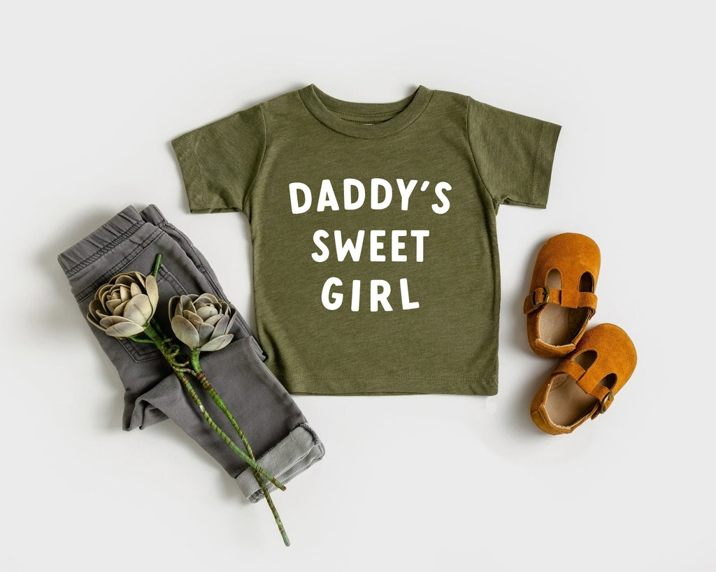 Baby and toddler T-shirt, olive green with “DADDY’S SWEET GIRL” front print