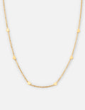 Gold tone link necklace with small heart charms and short extender chain