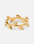 Gold-tone olive branch ring with raised leaf and vine details, open band