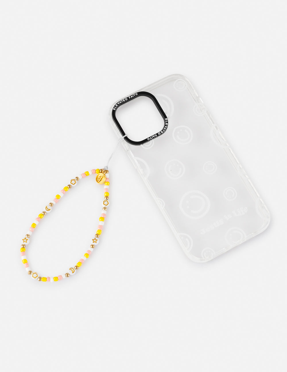 Beaded phone charm lanyard with gold center charm and yellow beads