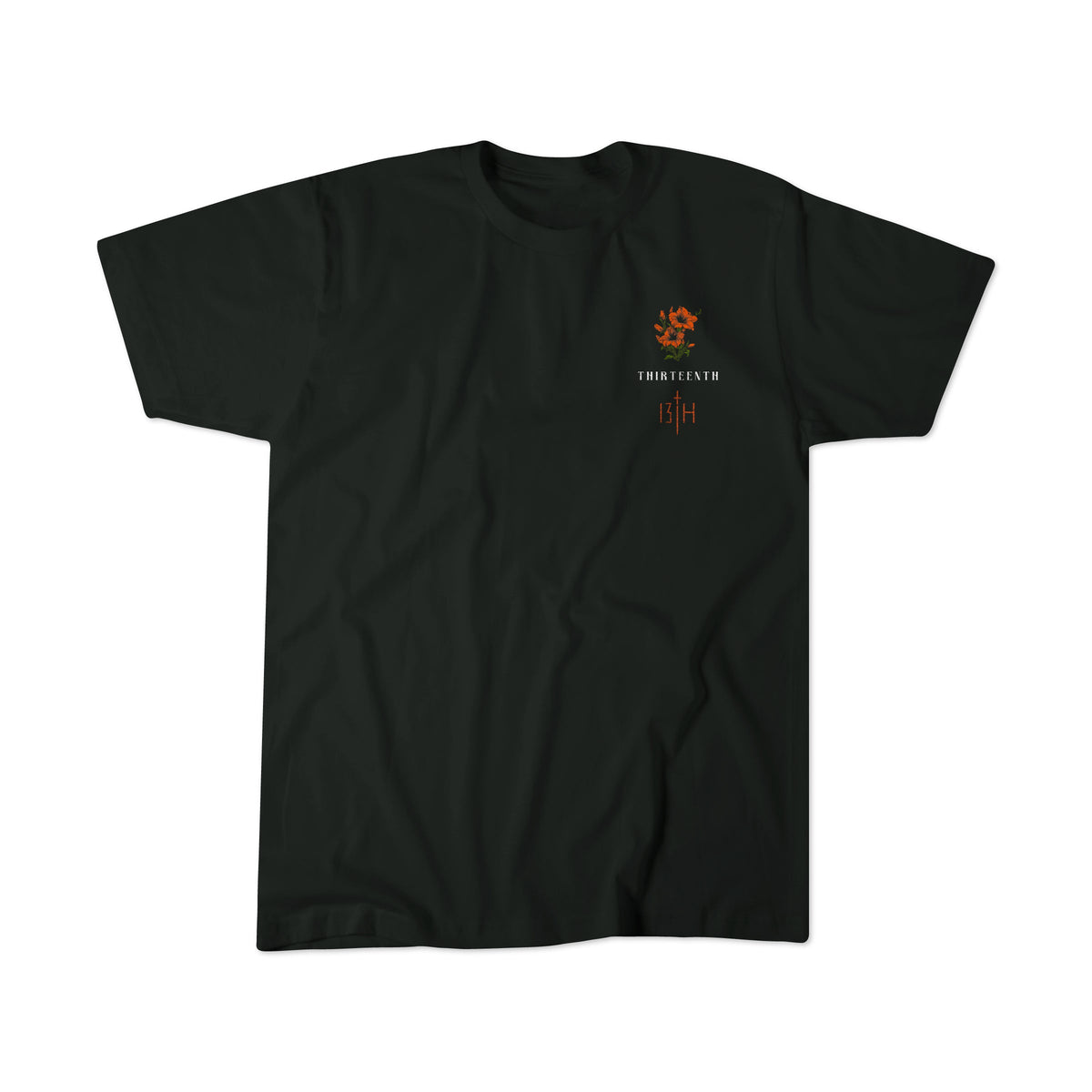 Black premium crewneck tee with small orange chest logo print