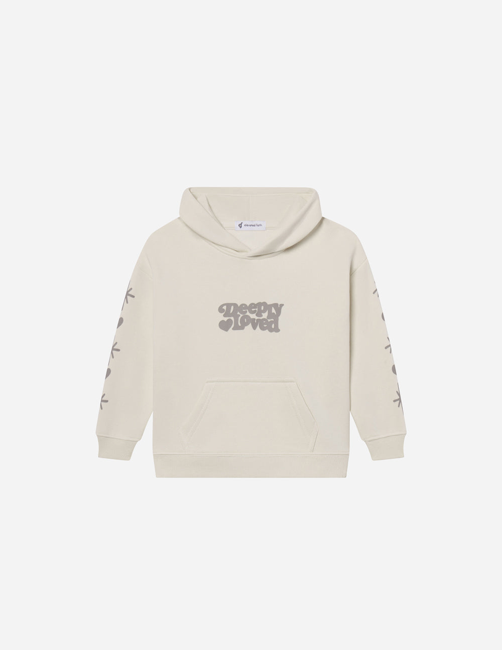 Kids light beige hoodie with hood, front pouch pocket, and chest logo print