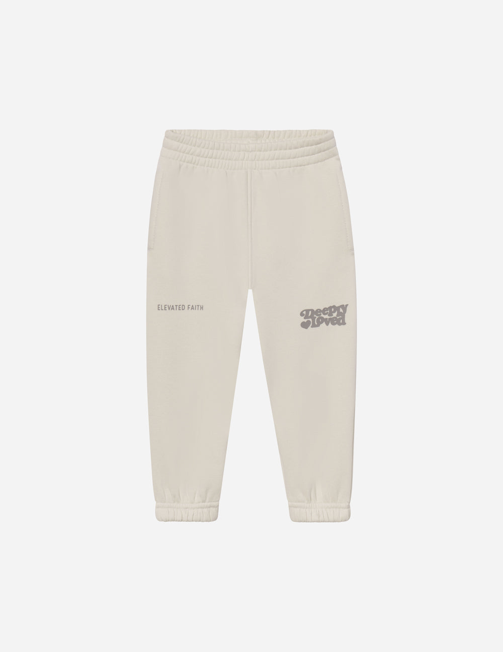 Kids cream sweatpants flat lay with elastic waistband, cuffed ankle hem, logo