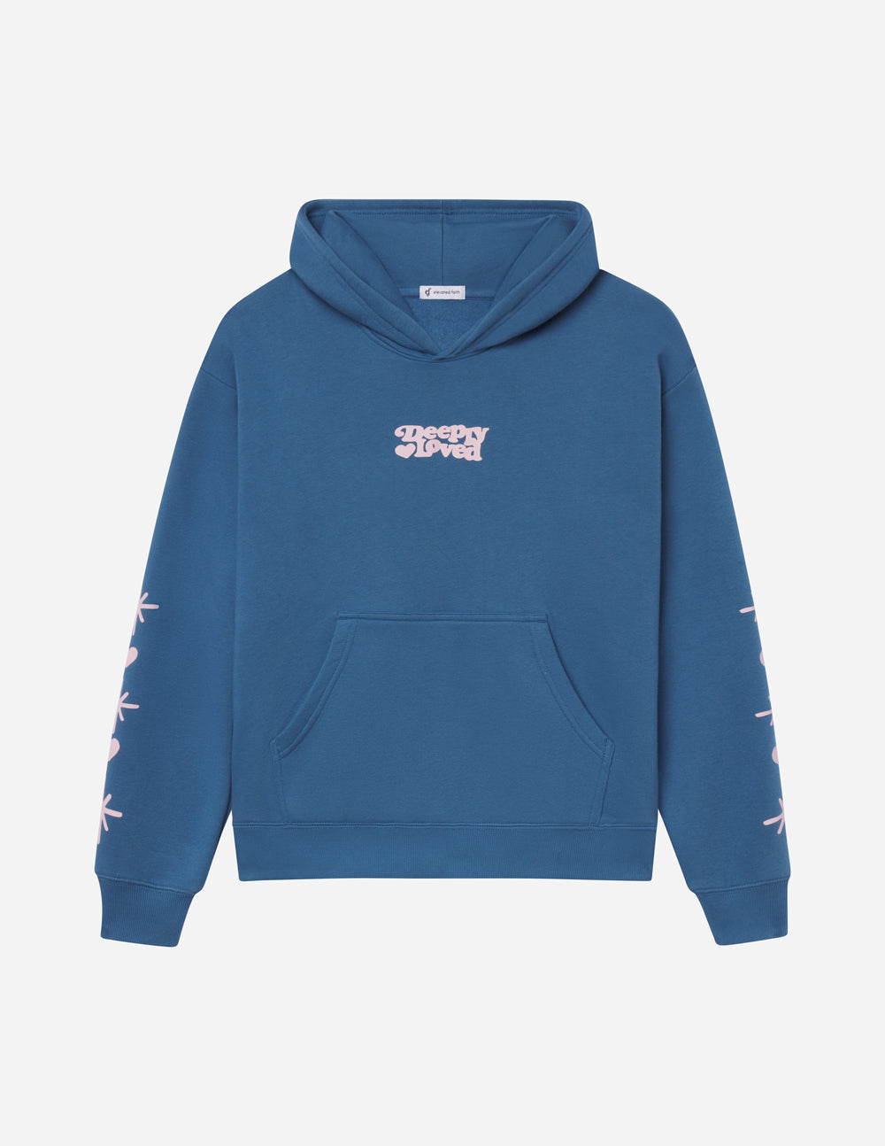 Blue unisex hoodie with hood, kangaroo pocket, and small chest logo graphic