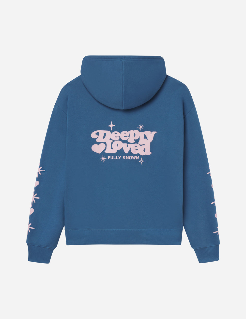 Unisex blue pullover hoodie with hood and front logo graphic