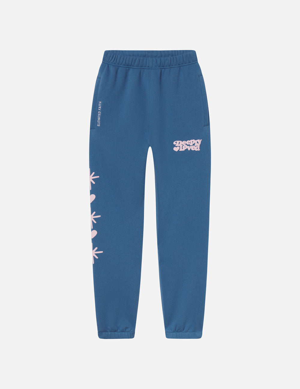 Unisex blue jogger sweatpants with graphic logo and side print, elastic waistband