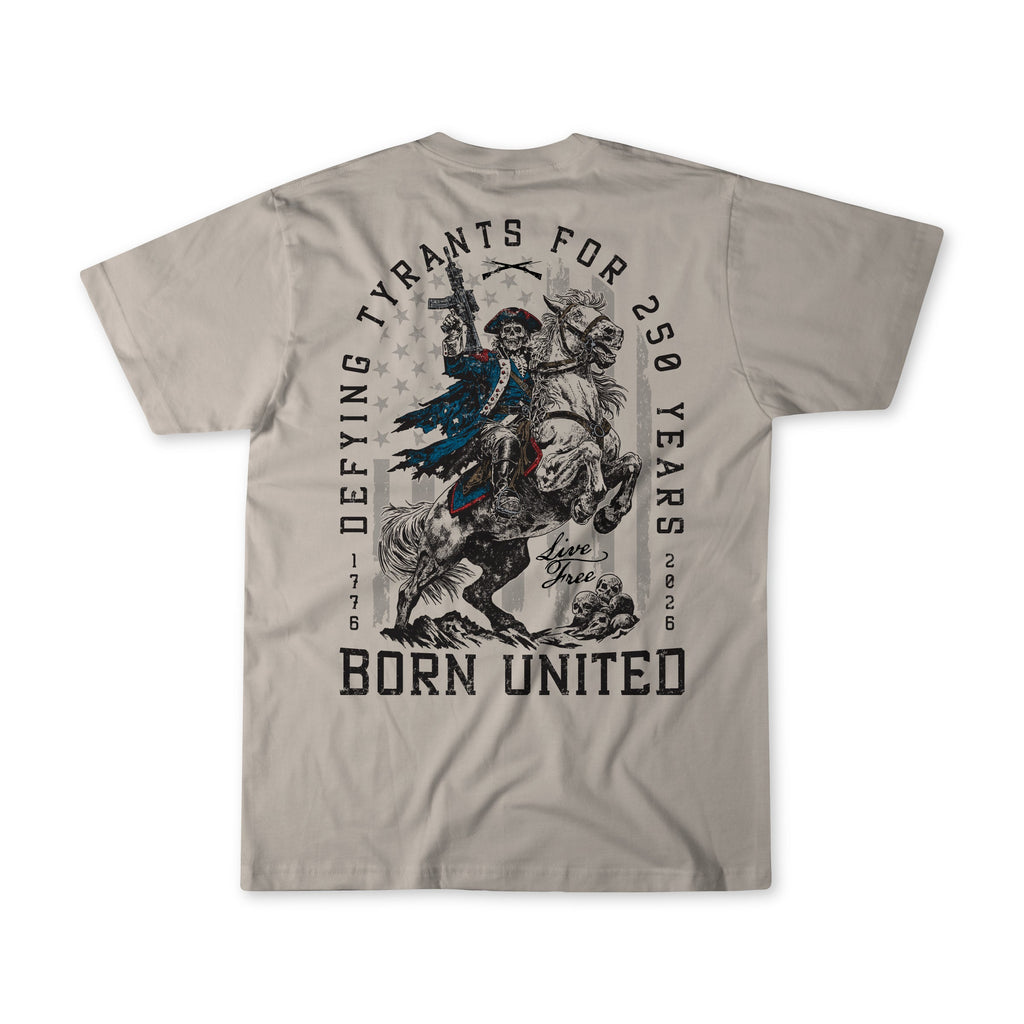 Light gray flat-lay back T-shirt with large “Born United” graphic and “U.S. Years” text