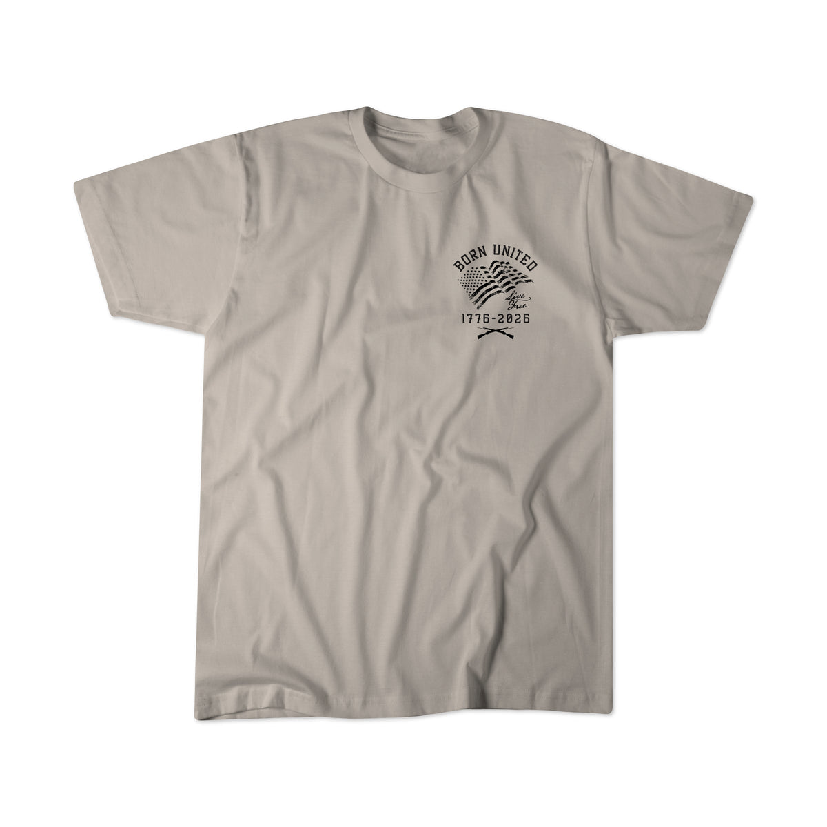 Light gray flat-lay front T-shirt with small “Born United” anniversary emblem