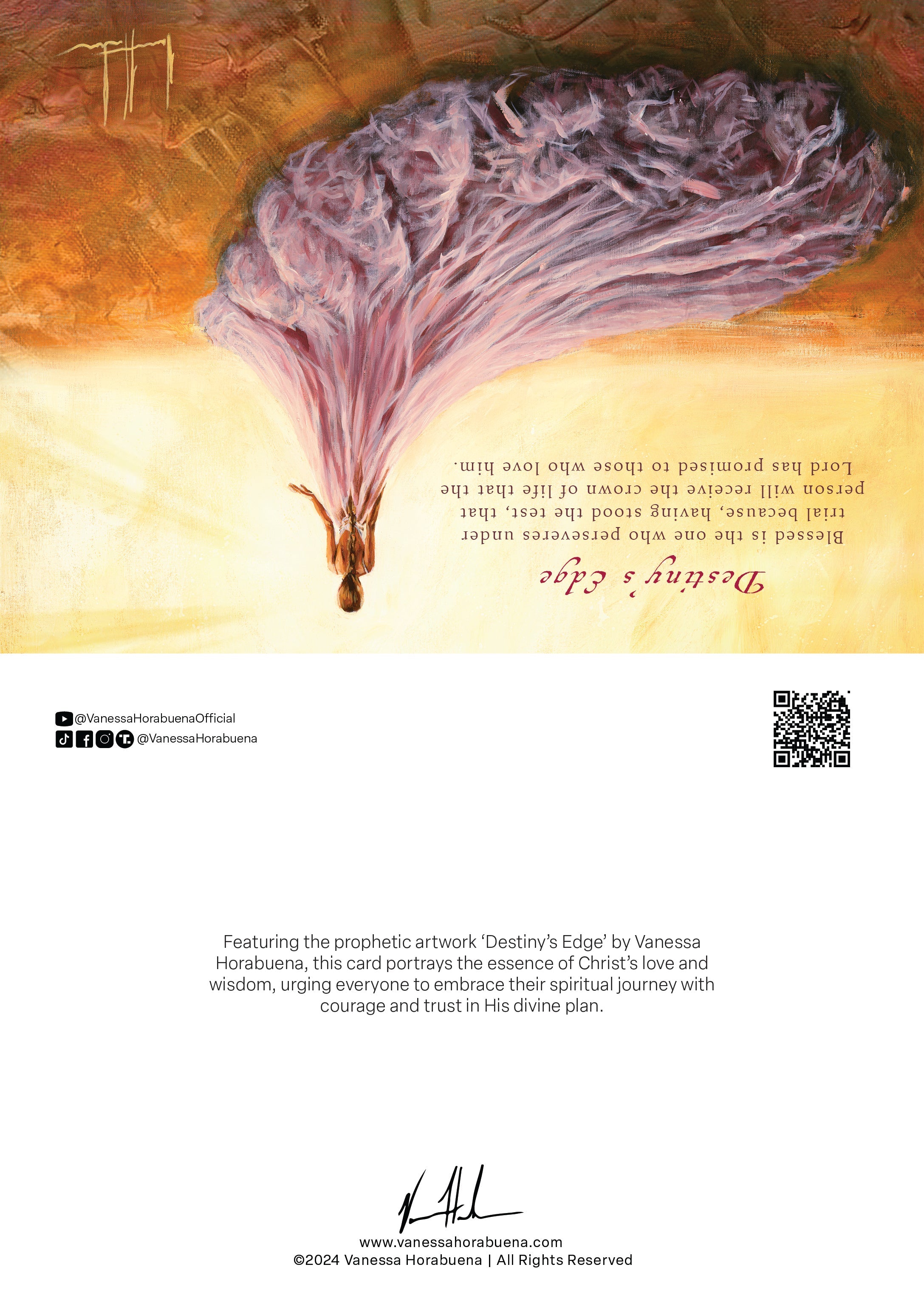 Greeting card back with purple gown artwork, upside-down text, and QR code