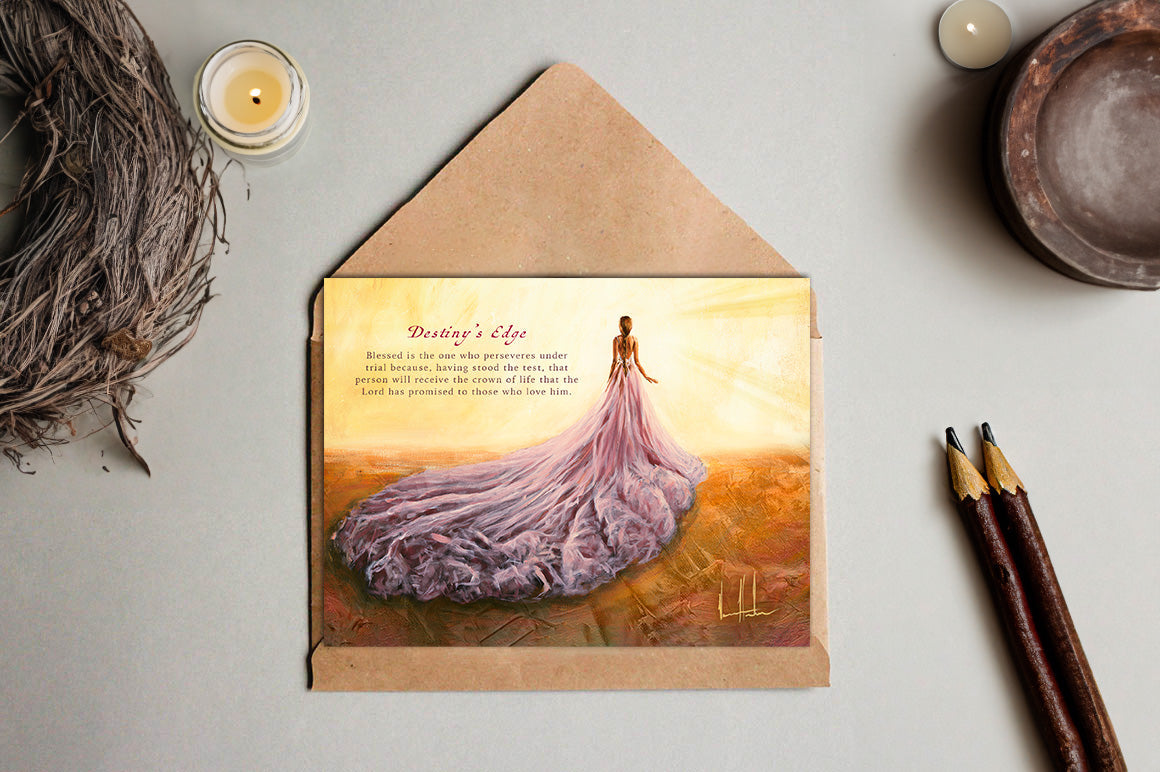 Destiny's Edge greeting card in kraft envelope, woman in purple dress over sunrise art