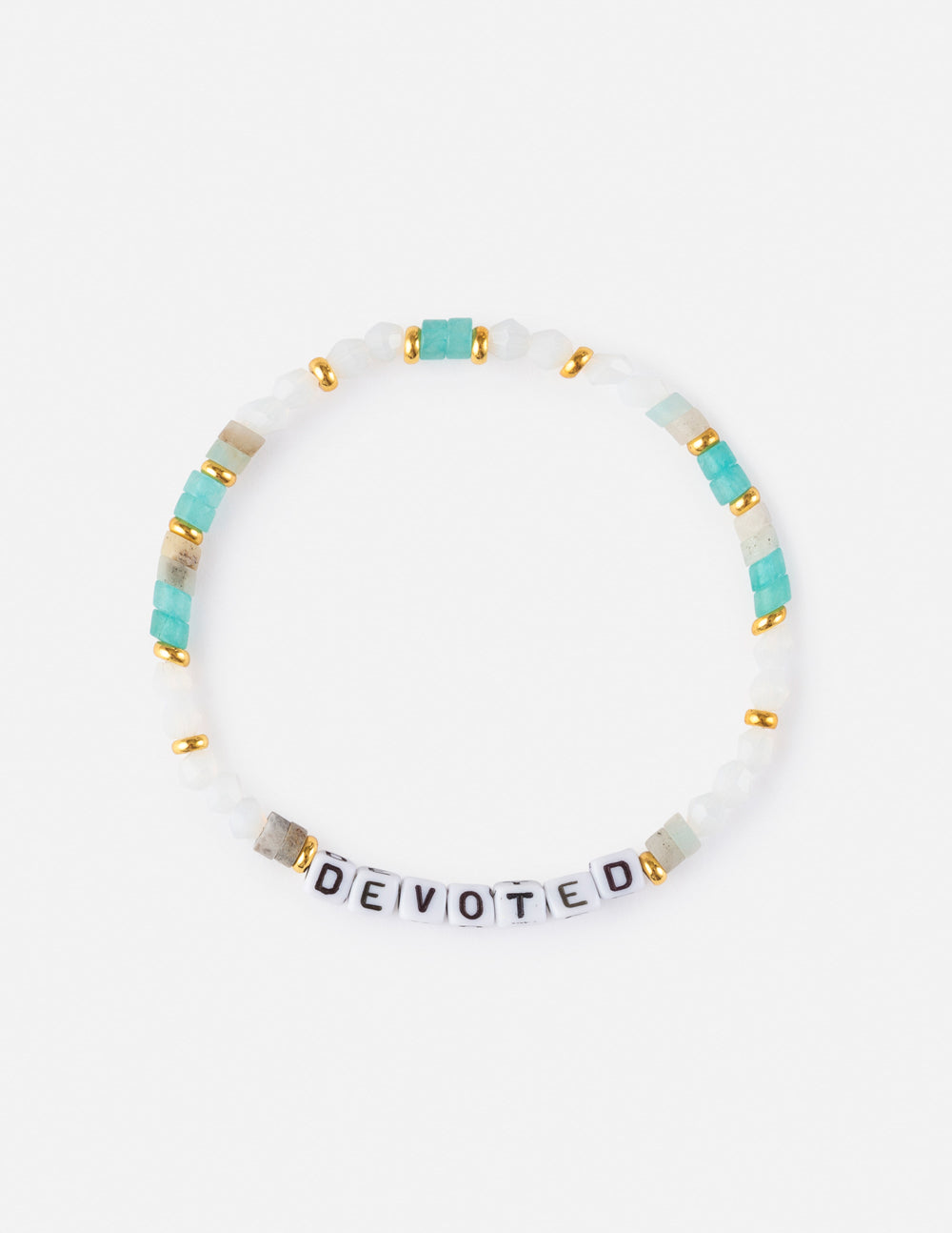 Letter bead bracelet with 'DEVOTED' beads and turquoise square beads